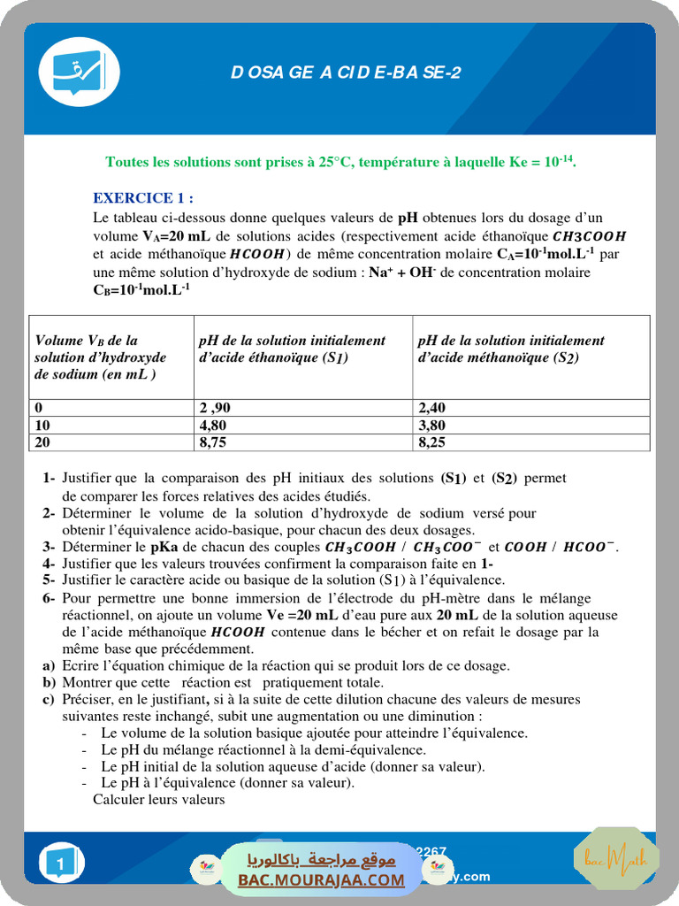 Dosage Acido-Basique : Études et Calculs | PDF | Ph | Acide