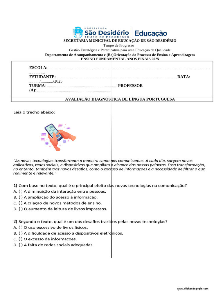 Avaliação Português (SAEB) - 9° Ano | PDF