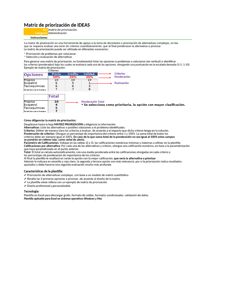 Matriz de Priorización de Ideas en Excel | PDF | Toma de decisiones