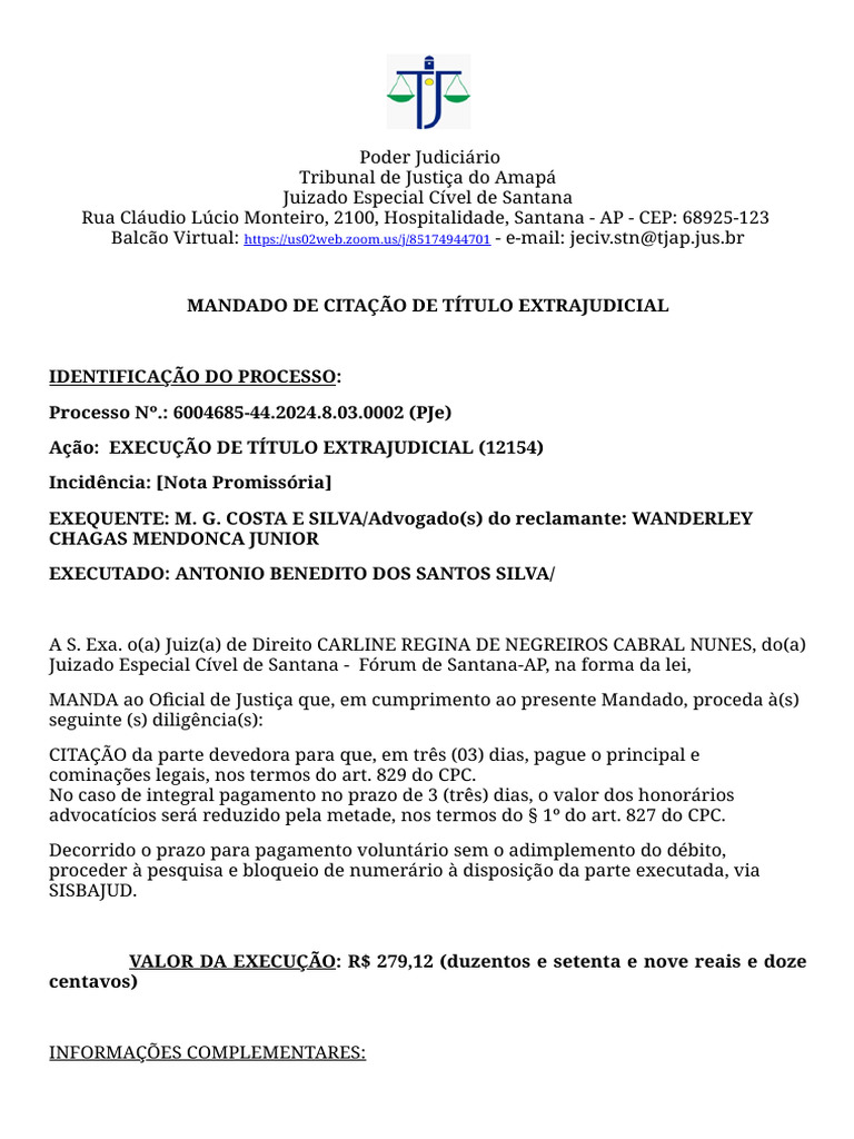 Mandado de Citação - Execução Judicial | PDF | Nota promissória ...