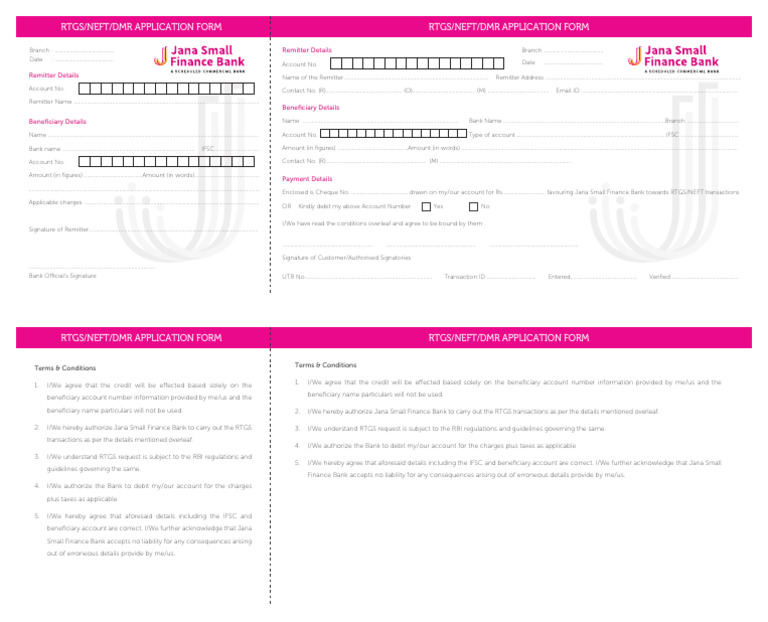 Jana Small Finance Bank NEFT/RTGS Form | PDF | Banking Technology ...