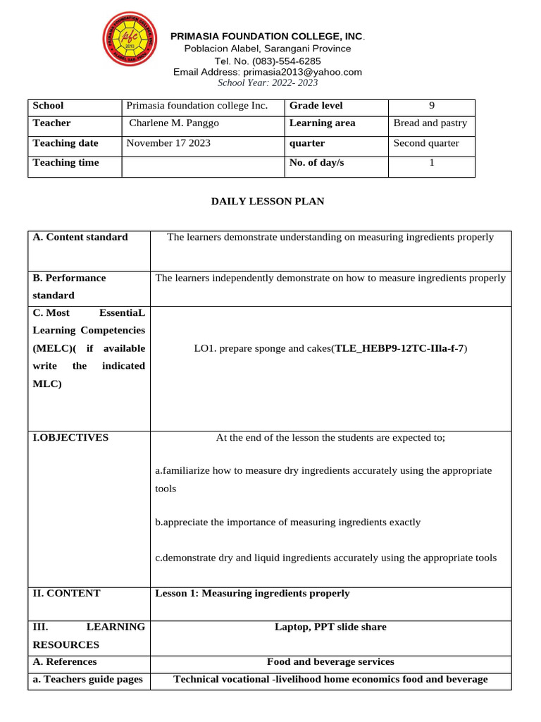 Daily Lesson Plan: Measuring Ingredients | PDF | Shortening | Foods
