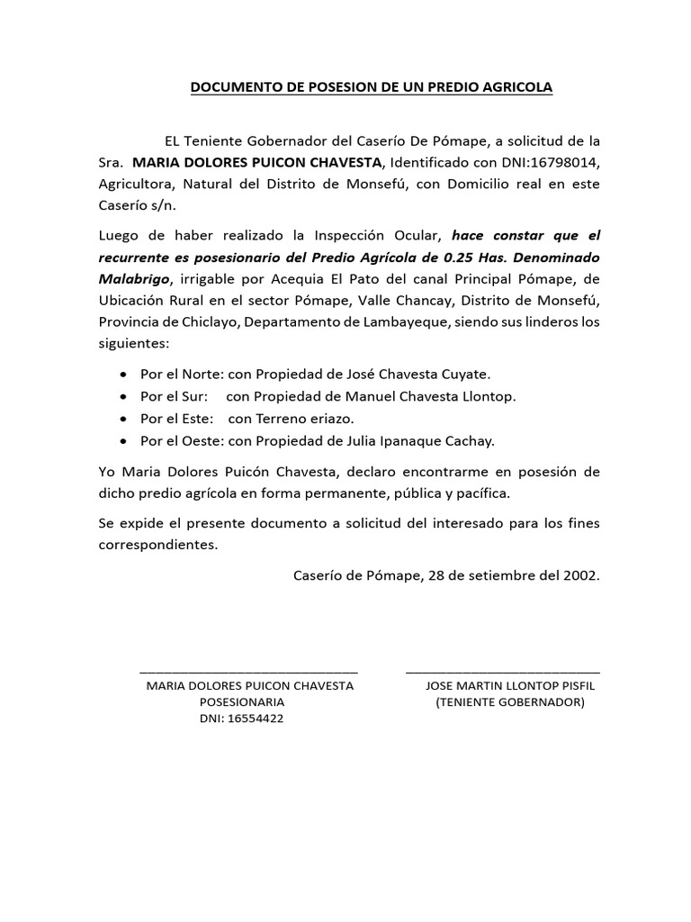 DOCUMENTO DE POSESION DE UN PREDIO AGRICOLA | PDF