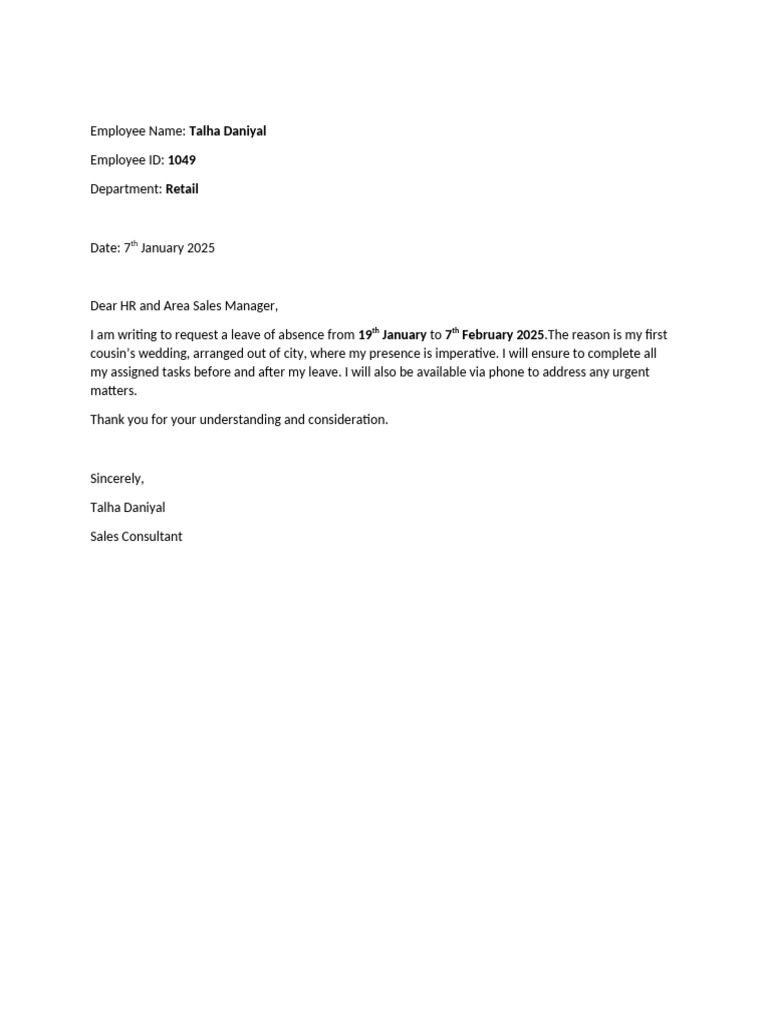 Talha Daniyal Leave Request Letter | PDF