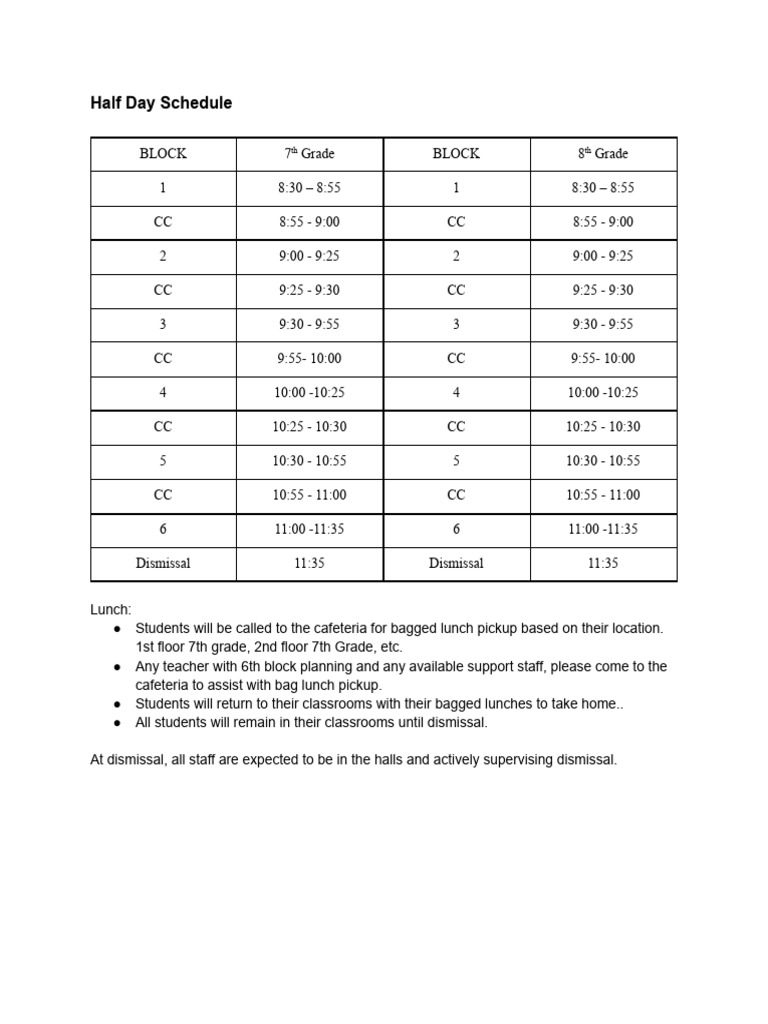 7th and 8th Grade Half Day Schedule | PDF