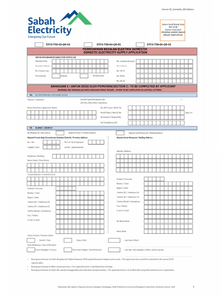 Borang Permohonan Bekalan Elektrik SESB | PDF