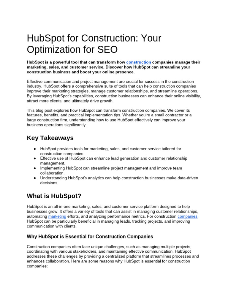 HubSpot For Construction - Your Optimization For SEO | PDF | Customer ...