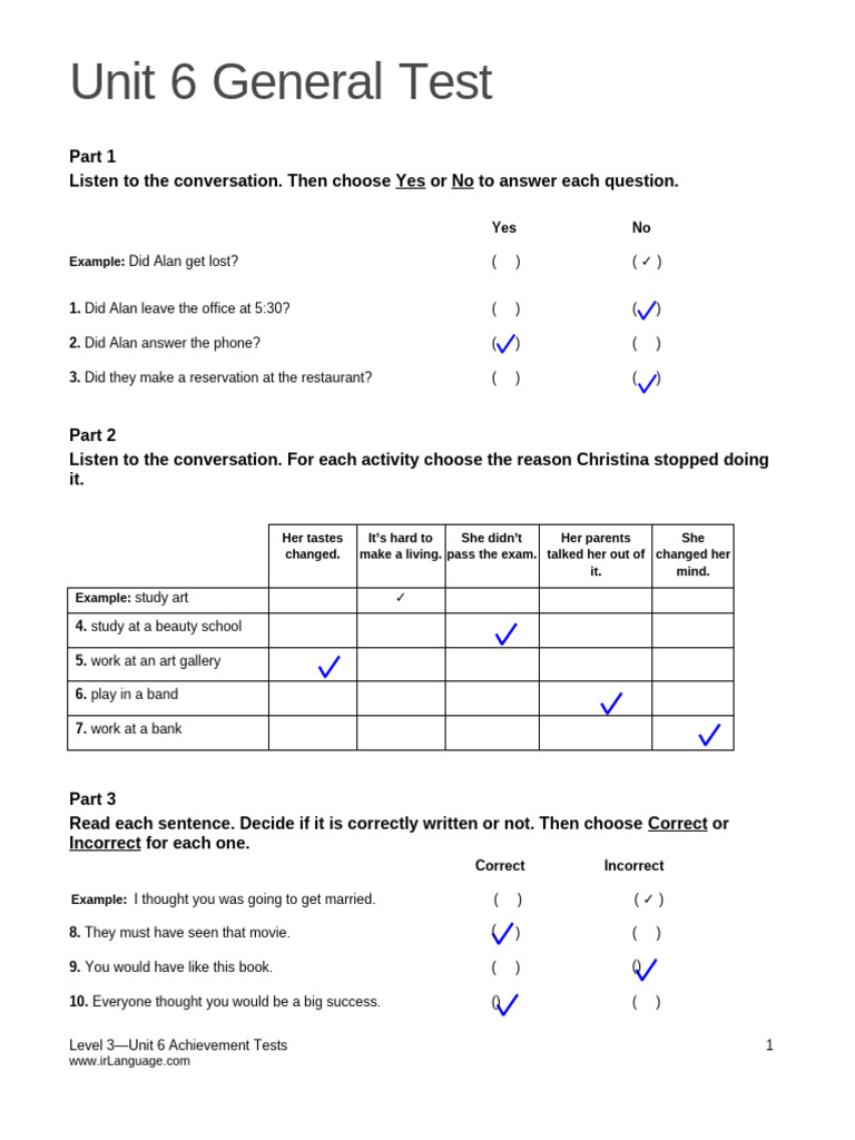 Level 3 Unit 6 Achievement Tests | PDF | Experience