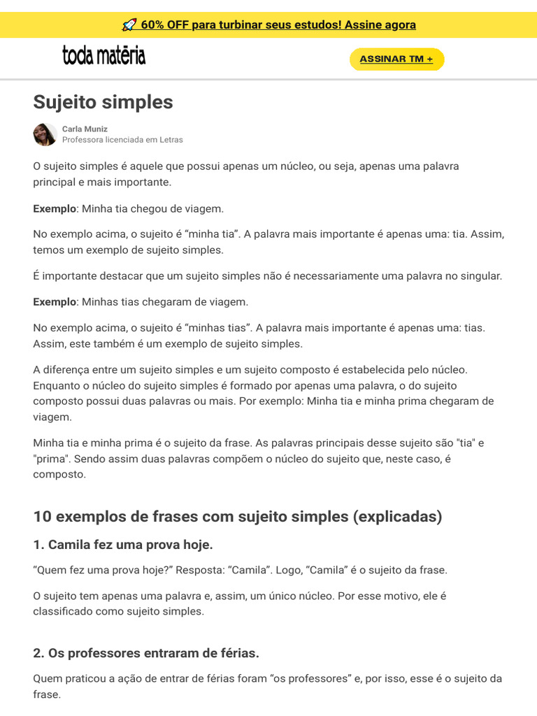 O que é sujeito simples? Exemplos e explicações | PDF | Assunto ...
