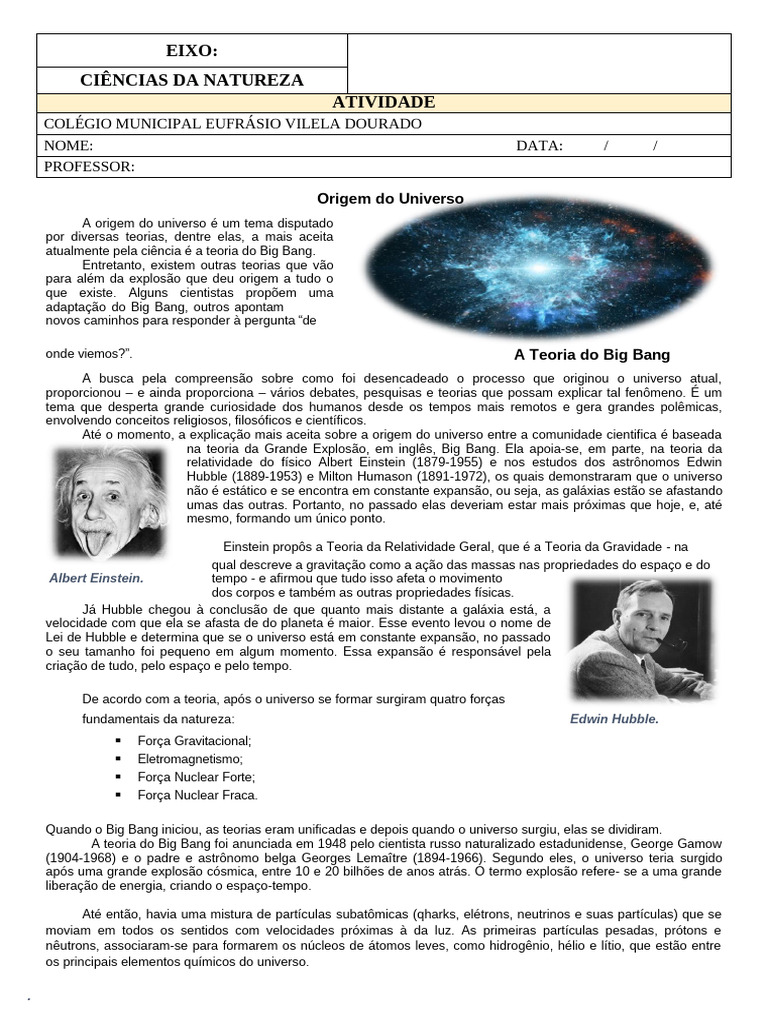 Atividade Origem Do Universo | PDF | Universo | Grande explosão
