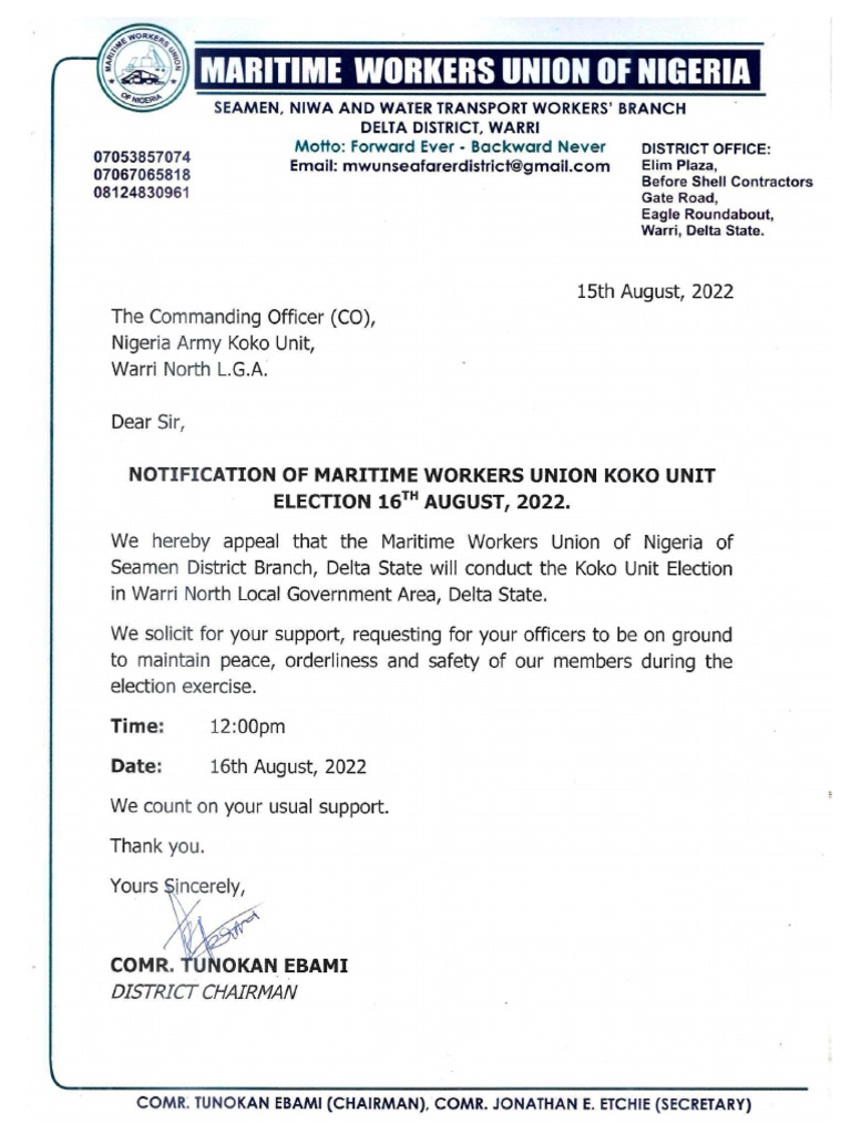 Notification of Maritme Worker Union Koko Unit | PDF