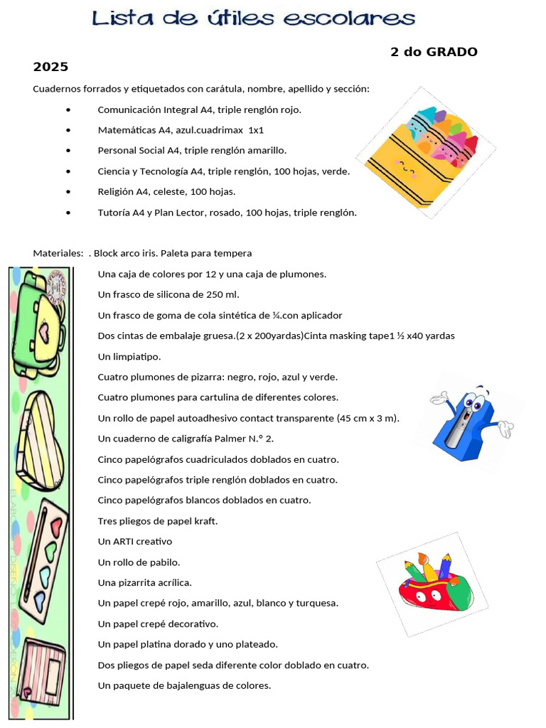 Lista de útiles escolares 2° grado 2025 | PDF