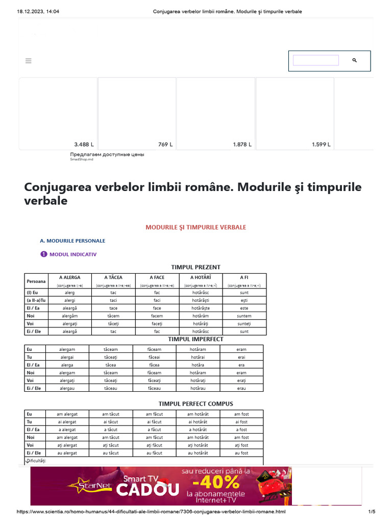 Conjugarea Verbelor Limbii Române. Modurile Şi Timpurile Verbale | PDF