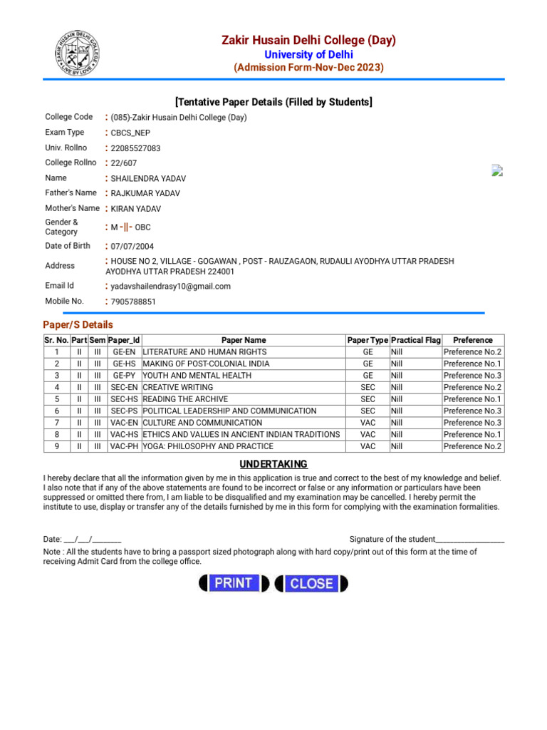 Zakir Husain College Admission Form 2023 | PDF