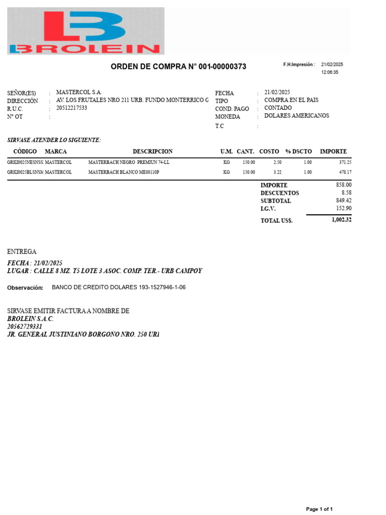 Orden de Compra Mastercol 2025 | PDF