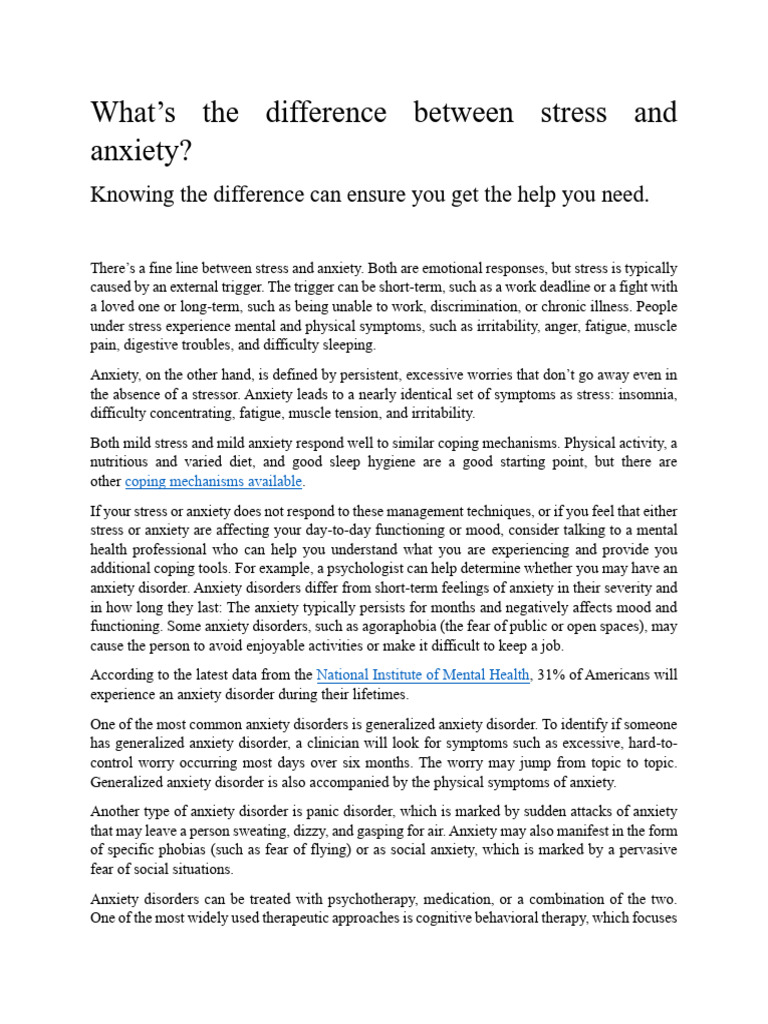 Diifrence Between Stress and Anxiety | PDF | Anxiety | Anxiety Disorder