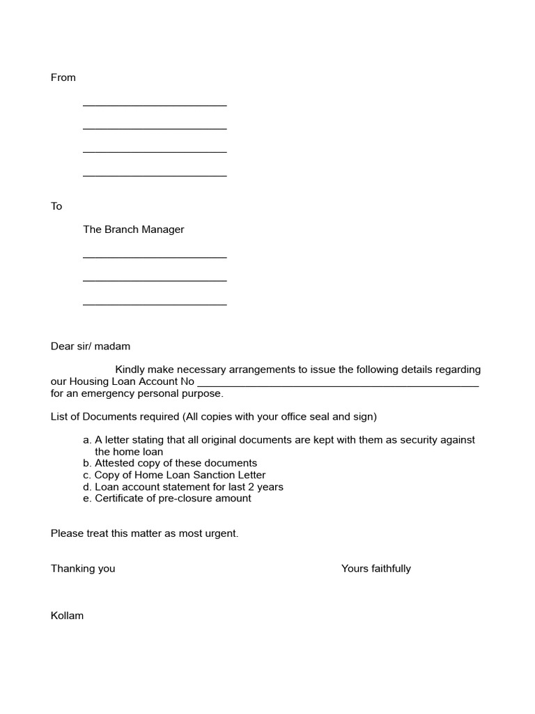 Housing Loan Document Request Letter | PDF