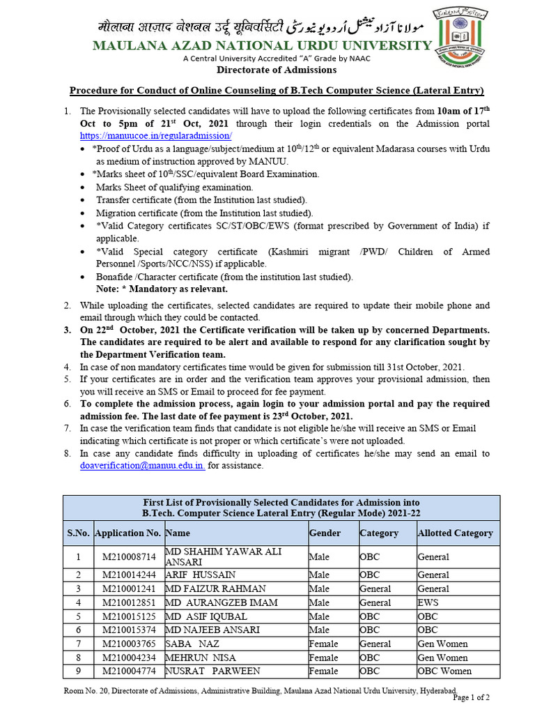 1st Provisionally Selected List of BTech Computer Science Lateral Entry ...
