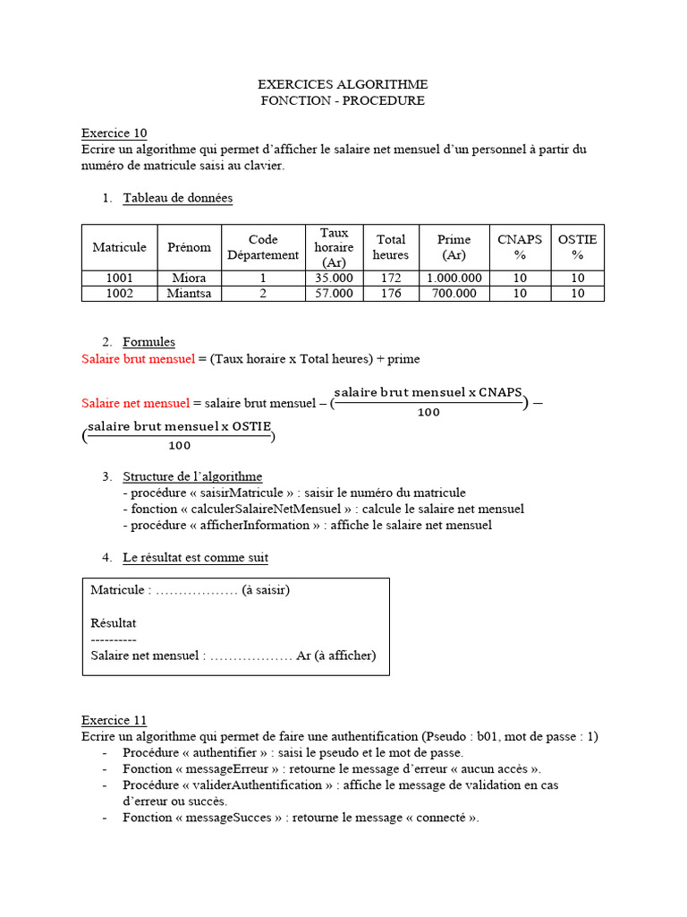 Exercice Algorithme : Fonctions et Procédures | PDF