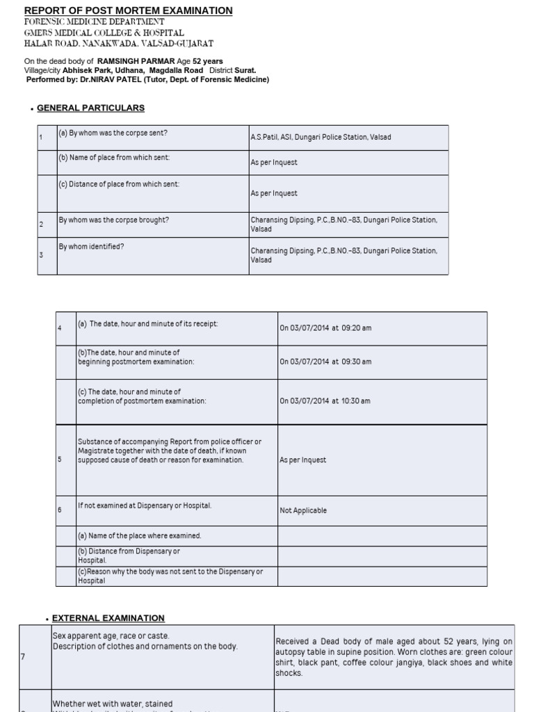 Post Mortem Report of Ramsingh Parmar | PDF | Lung | Anatomy