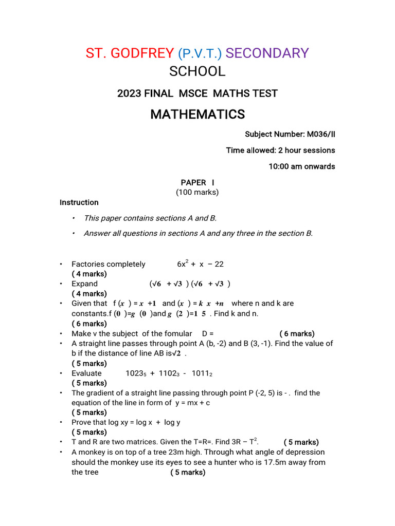 2023 MSCE Maths Test Paper I | PDF