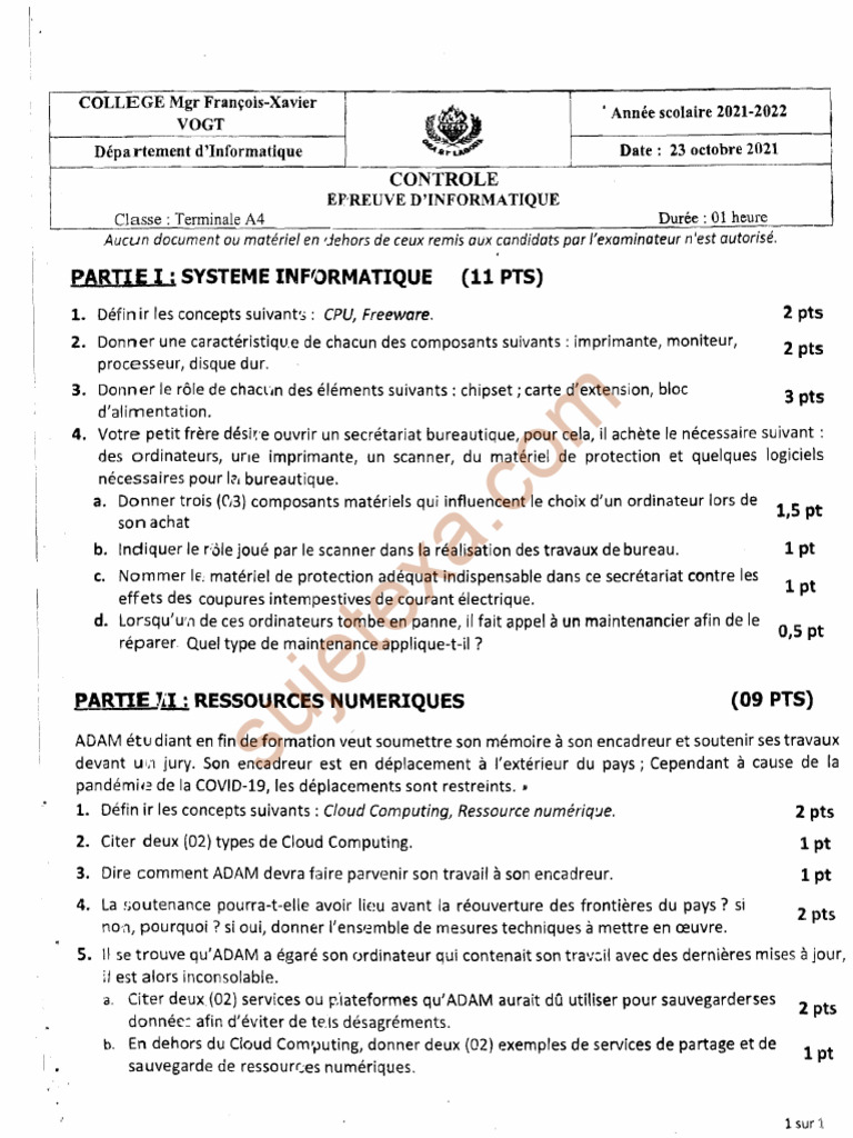 Contrôle Informatique Terminale A4 2021 | PDF | Matériel informatique ...