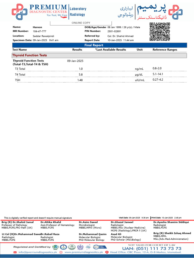 Thyroid Function Test Results Report | PDF | Human Homeostasis ...