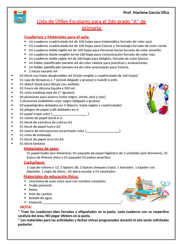 Lista de útiles escolares 2do grado A | PDF | Cuaderno | Papelería