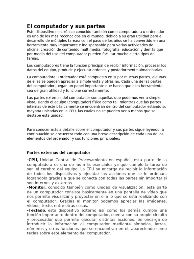 Partes del Computador y sus Funciones | PDF | Hardware de la ...