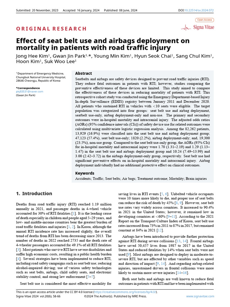Effect of Seat Belt Use and Airbags Deployment On Mortality in Patients ...