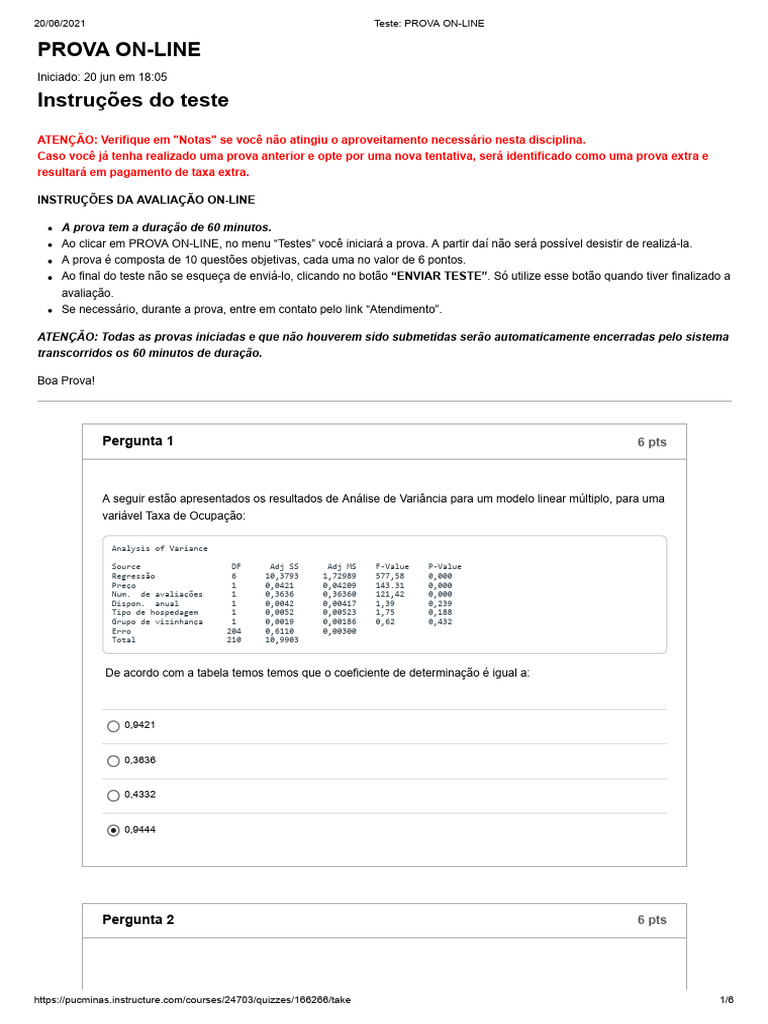Teste - PROVA ON-LINE | PDF | Estatísticas | Regressão linear