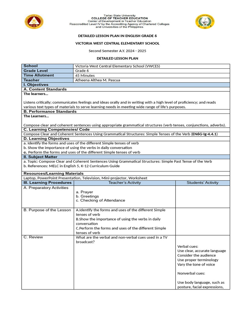Simple Past Tense Lesson Plan for Grade 6 | PDF | Verb | Grammatical Tense