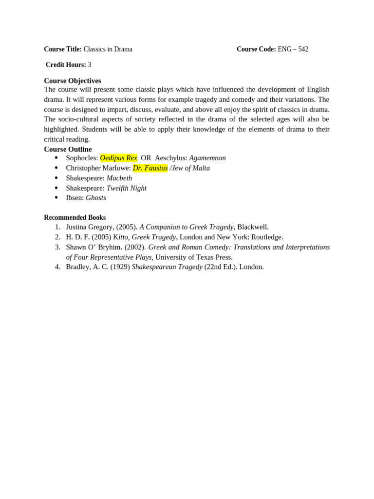 Course Contents Classics in Drama | PDF