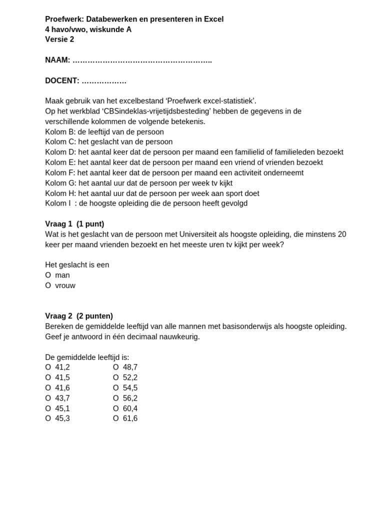 Proefwerk Excel-Statistiek Vs 2 | PDF