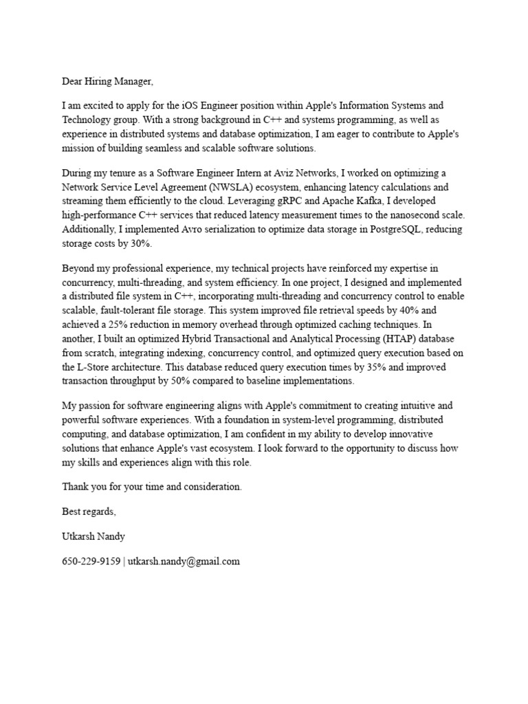 Cover Letter for iOS Engineer Position | PDF