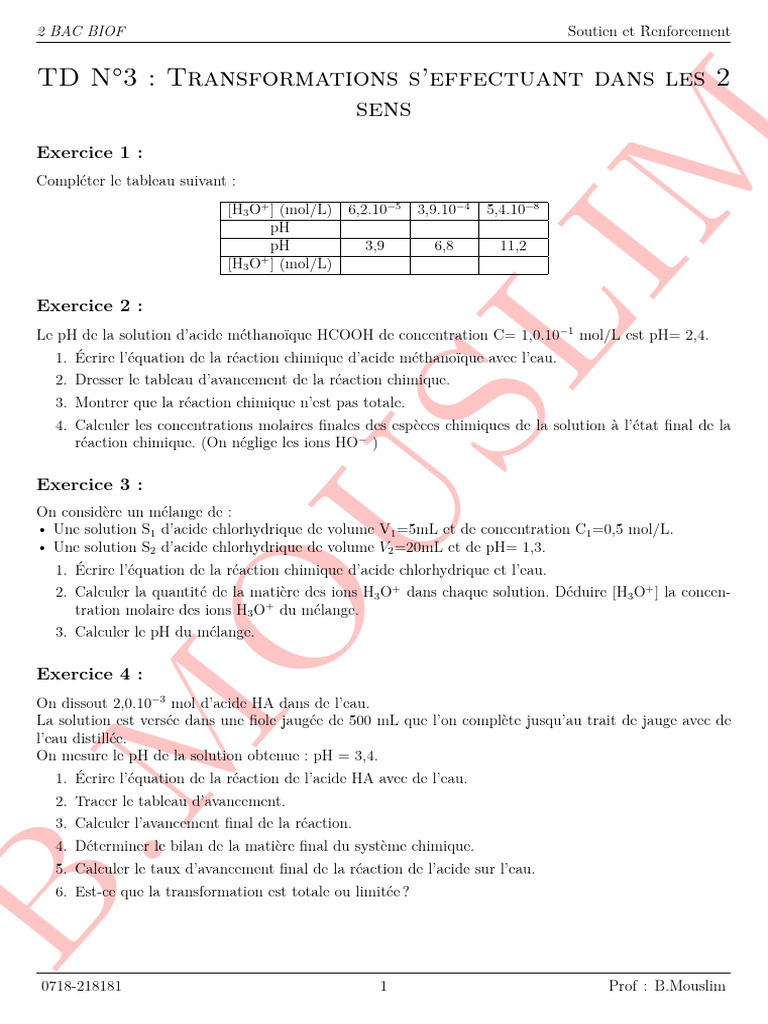 Exercices de chimie sur les acides et pH | PDF | Ph | Concentration molaire