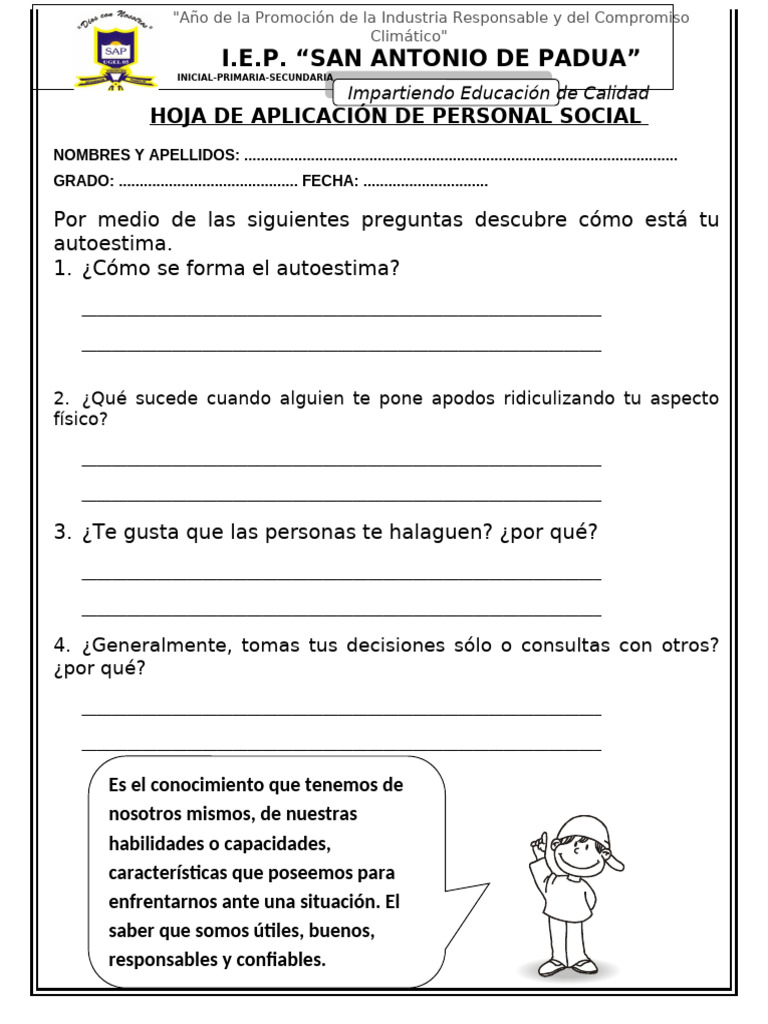 HOJA DE APLICACIÓN DE PERSONAL SOCIAL Cecilia | PDF | Higiene | Autoestima