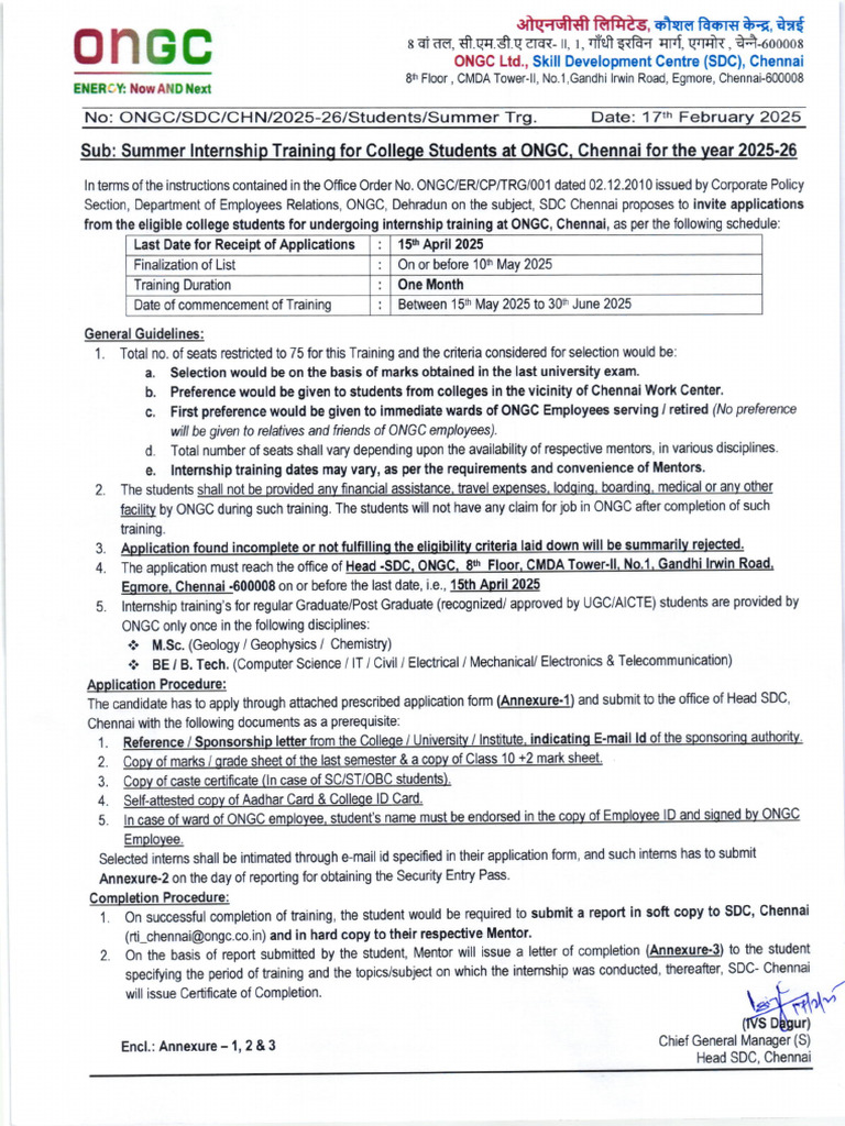 ONGC Chennai Internship 2025 Details | PDF