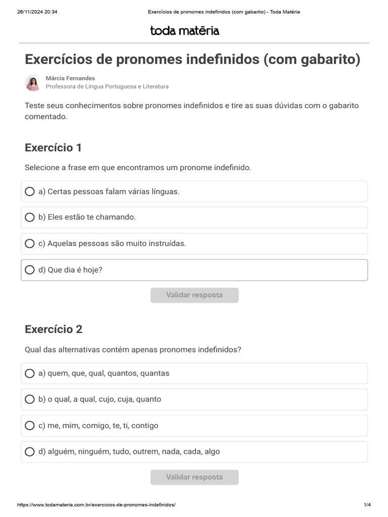 Exercícios de Pronomes Indefinidos | PDF | Pronome