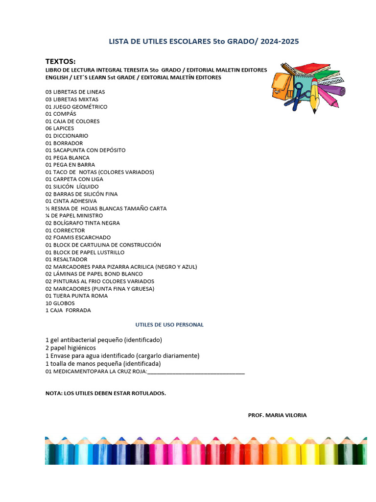 Lista de Útiles 5to Grado 2024-2025 | PDF