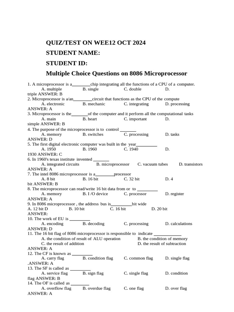UPUC Test on 8086 Microprocessor | PDF | Central Processing Unit ...