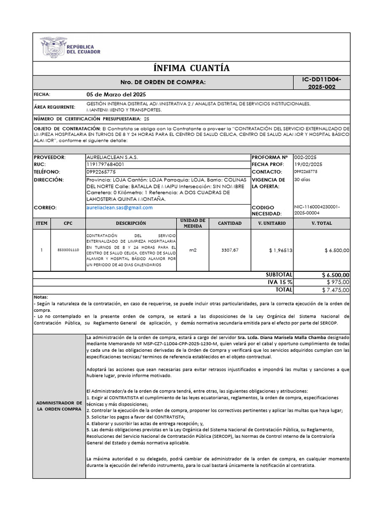 Ínfima Cuantía: IC-DD11D04-2025-002 Nro. de Orden de Compra | PDF ...