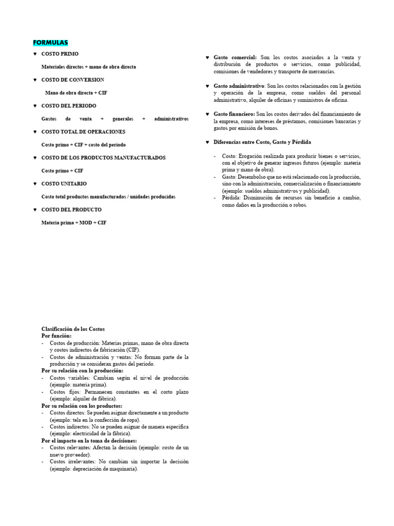 Fórmulas y Clasificación de Costos Empresariales | PDF | Costo | Business