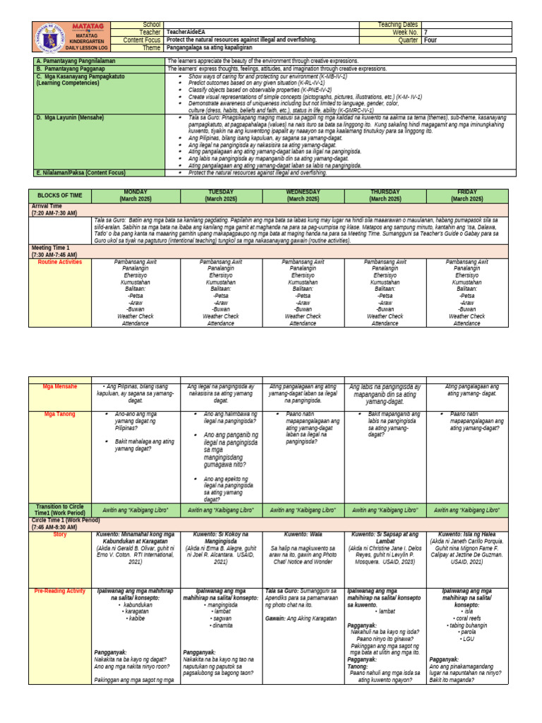 Kinder DLL - Quarter 4. Week 7. Matatag Curriculum | PDF