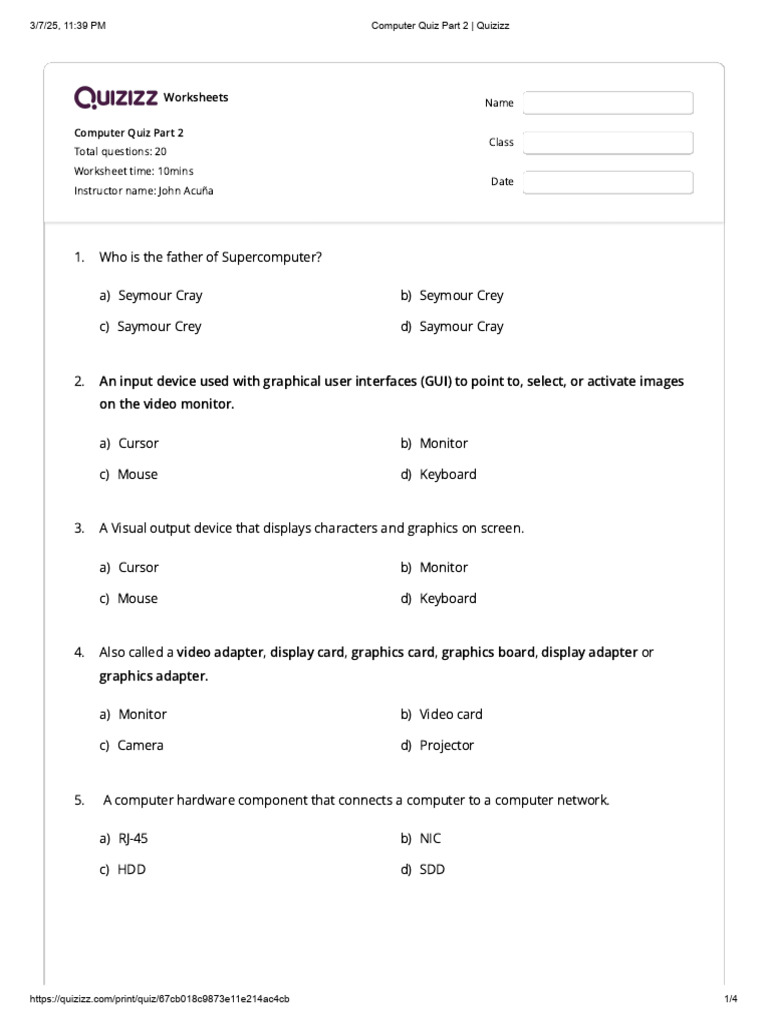 Computer Quiz Part 2 Worksheet | PDF | Power Supply | Cursor (User ...
