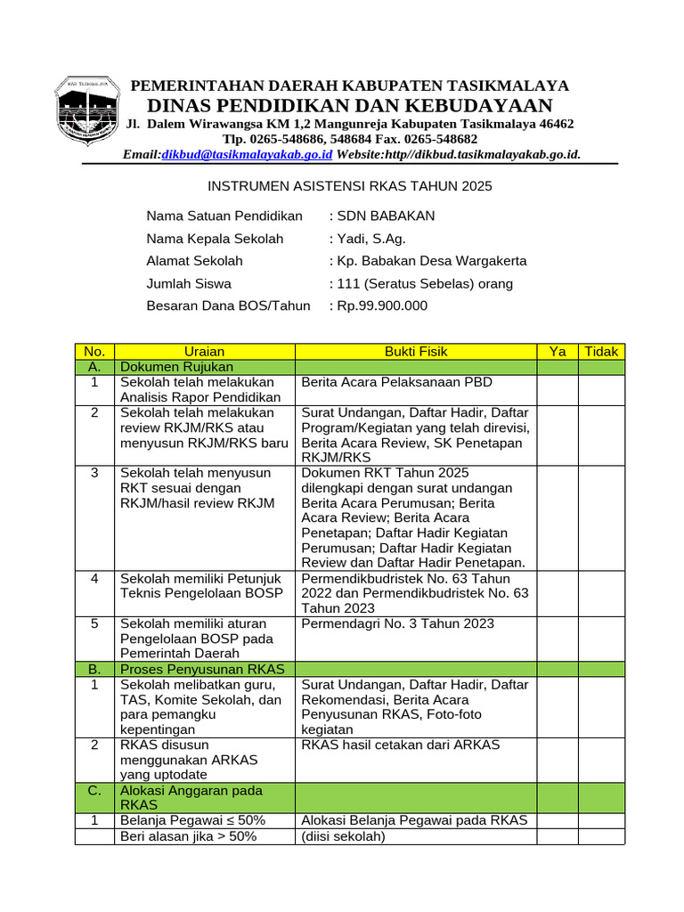 Instrumen Penyusunan RKAS 2025 | PDF