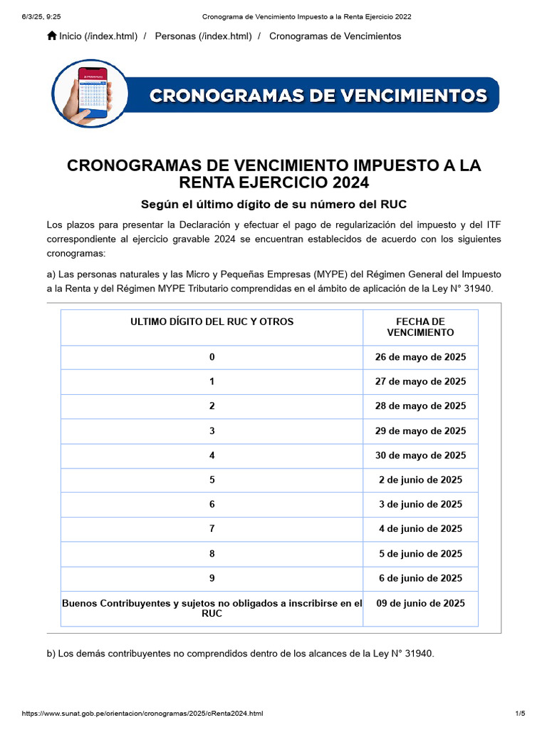 Cronograma de Vencimiento Impuesto a la Renta Ejercicio 2024 | PDF ...