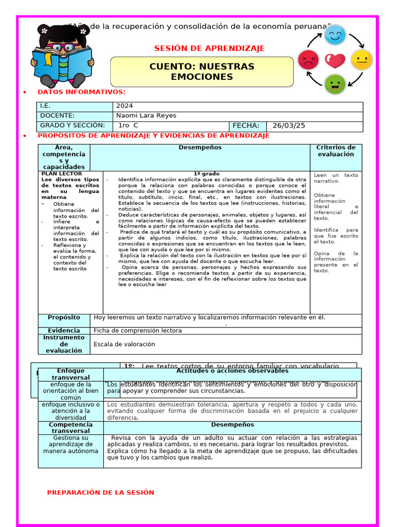 1º U0 S2 Sesion D4 Plan Lector Cuento Las Emociones | PDF | Aprendizaje ...