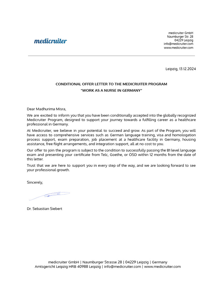 Conditional Offer Letter To The Medicruiter Program-2 | PDF