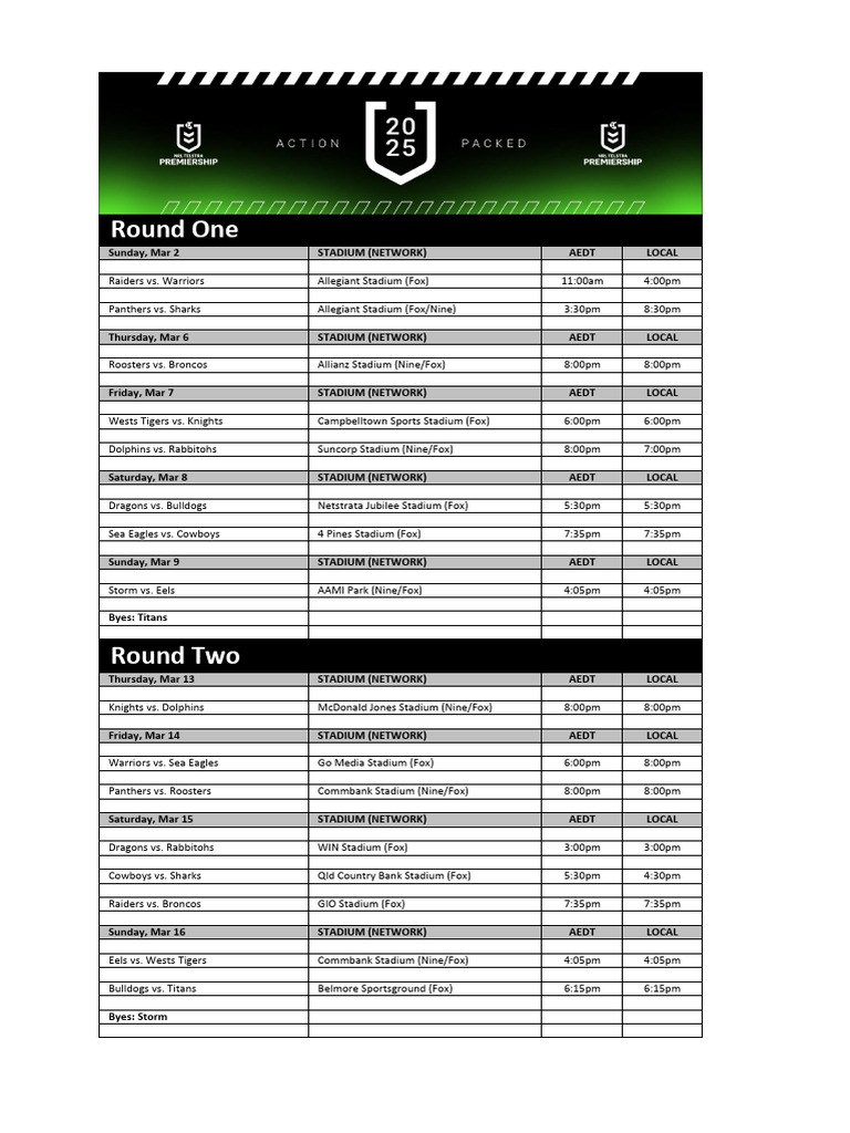 NRL 2024 Match Schedule and Times | PDF | Rugby League | Professional ...